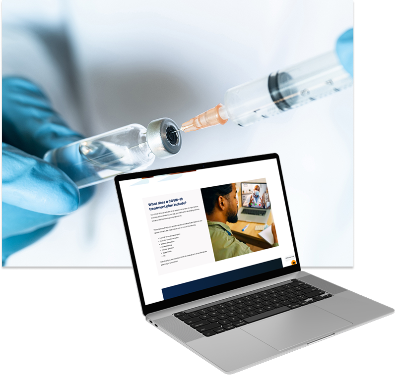 photo of laptop with covidclinic.org in front of a photo of medical lab syringe